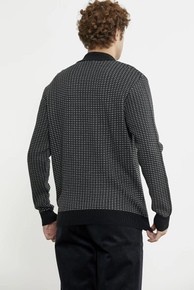 Dik Yaka Yarım Fermuar Triko Kazak - Siyah - Resim 4