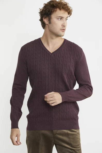 Süet Garnili Saç Örgülü Triko Kazak - Bordo - Resim 4