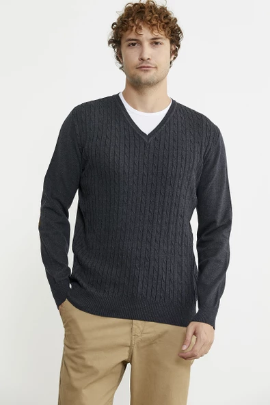 Süet Garnili Saç Örgülü Triko Kazak - Antrasit - Resim 2