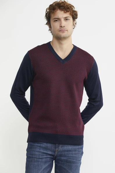 Regular Fit Jakarlı Yünlü Triko Kazak - Lacivert - Resim 4