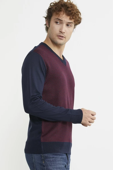 Regular Fit Jakarlı Yünlü Triko Kazak - Lacivert - Resim 5