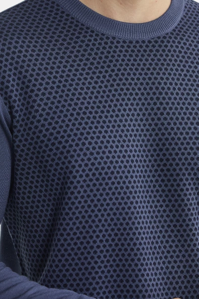 Sıfır Yaka Jakarlı Regular Fit Triko Kazak - Indigo - 4