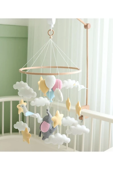 (MÜZİKSİZ) El Yapımı Filli Bebek Dönence, Keçe Kumaştan Filli Beşik Dönence, Bebek Odası Aksesuar - 8