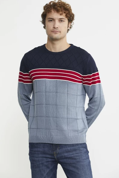 Blok Desen Sıfır Yaka Triko Kazak - Mavi - Resim 3