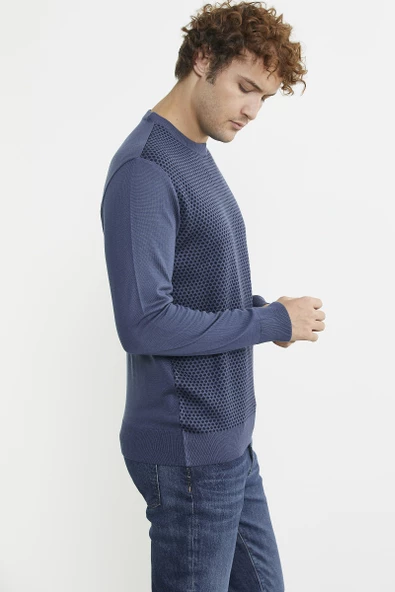 Sıfır Yaka Jakarlı Regular Fit Triko Kazak - Indigo - 5