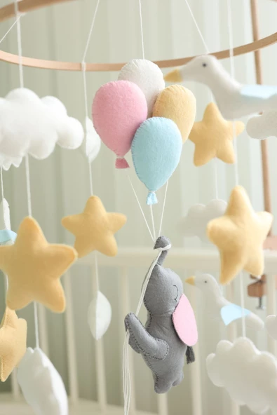 (MÜZİKSİZ) Askı Aparatı + Fil Temalı Bebek Beşik Dönencesi, El Yapımı - 2