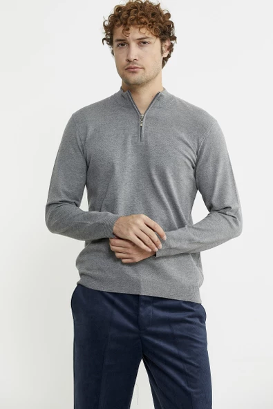 Dik Yaka Fermuarlı Triko Kazak - Gri - 4