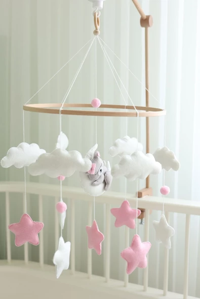 (MÜZİKSİZ) Askı Aparatı + Ayıcı Fil Temalı Bebek Beşik Dönencesi, El Yapımı - 2