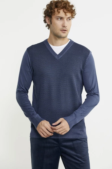 Regular Fit Jakarlı Yünlü Triko Kazak - Indigo - 3