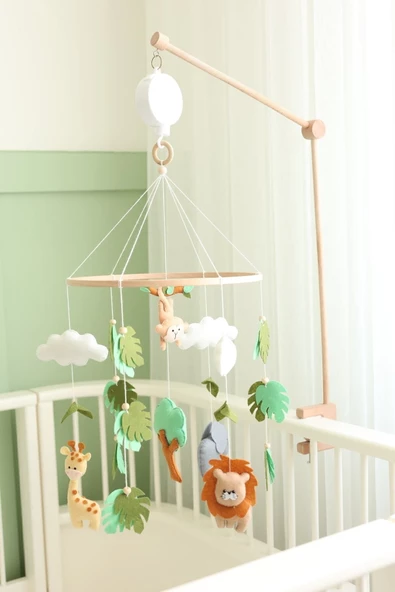 (MÜZİKSİZ) El Yapımı Doğal Beşik Dönencesi, Keçe Malzemeden Safari Temalı Bebek Odası Aksesuarı - 4