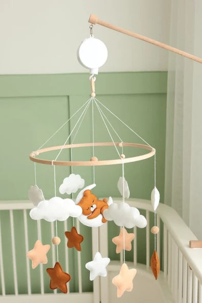 (MÜZİKSİZ) El Yapımı Doğal Beşik Dönencesi, Keçe Malzeme Sevimli Ayıcık Bebek Odası Aksesuarı - 2