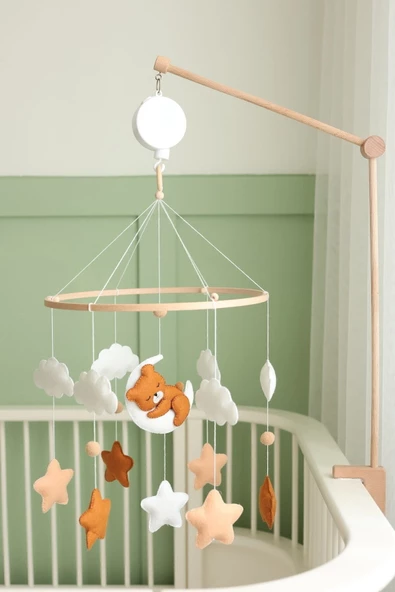 (MÜZİKSİZ) El Yapımı Doğal Beşik Dönencesi, Keçe Malzeme Sevimli Ayıcık Bebek Odası Aksesuarı - 5