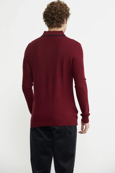 Polo Yaka Düğmeli Triko Kazak - Bordo - 6