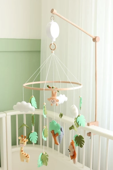 (MÜZİKSİZ) El Yapımı Doğal Beşik Dönencesi, Keçe Malzemeden Safari Temalı Bebek Odası Aksesuarı - 7