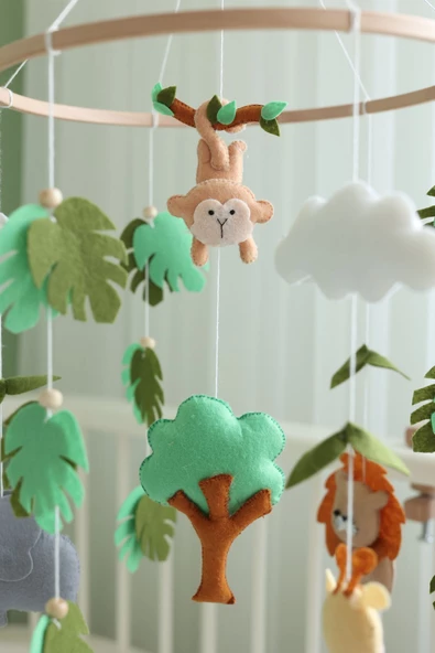 (MÜZİKSİZ) Askı Aparatı + Safari Temalı Bebek Beşik Dönencesi, El Yapımı Keçe Malzemeden - 2