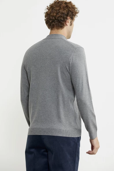 Dik Yaka Fermuarlı Triko Kazak - Gri - 5