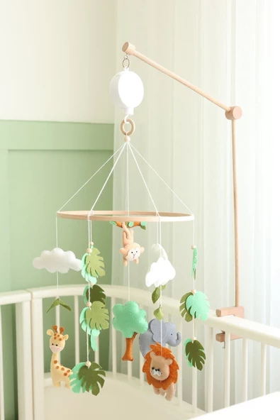 (MÜZİKSİZ) El Yapımı Doğal Beşik Dönencesi, Keçe Malzemeden Safari Temalı Bebek Odası Aksesuarı - 2