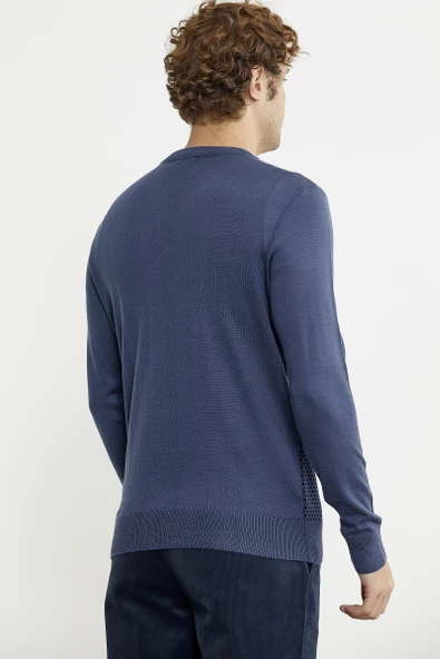 Regular Fit Jakarlı Yünlü Triko Kazak - Indigo - 5