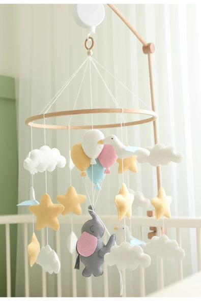 (MÜZİKSİZ VE ASKI APARATSIZ) El Yapımı Filli Beşik Dönencesi, Fil Ve Kuş Temalı Bebek Dönencesi - 4