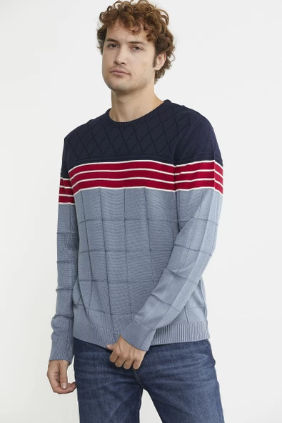 Blok Desen Sıfır Yaka Triko Kazak - Mavi - Resim 4