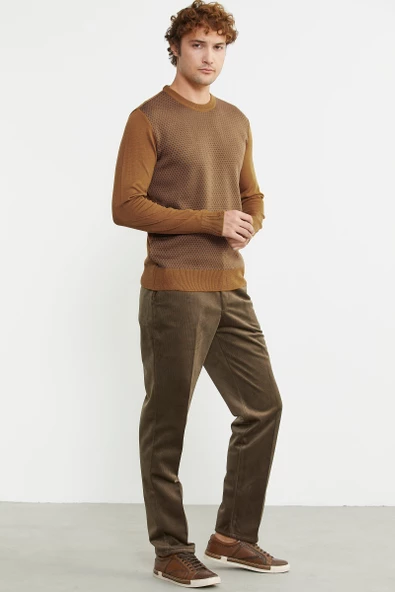 Sıfır Yaka Jakarlı Regular Fit Triko Kazak - Hardal - 3