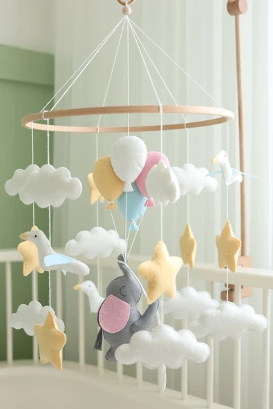 (MÜZİKSİZ VE ASKI APARATSIZ) El Yapımı Filli Beşik Dönencesi, Fil Ve Kuş Temalı Bebek Dönencesi - 5