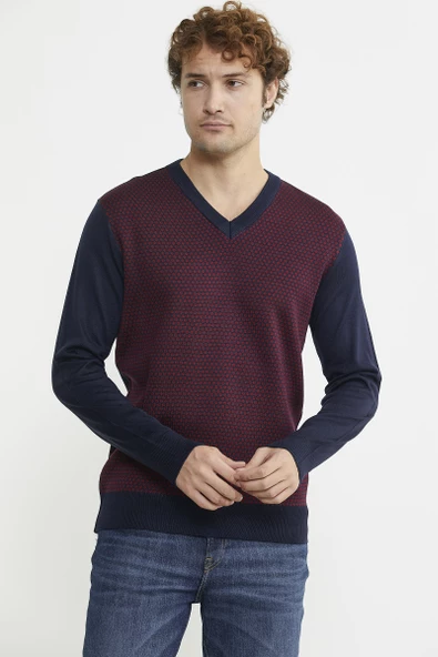 Regular Fit Jakarlı Yünlü Triko Kazak - Lacivert - Resim 2