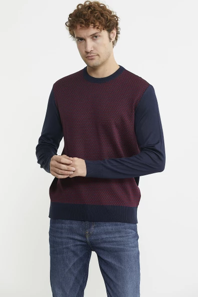 Sıfır Yaka Jakarlı Regular Fit Triko Kazak - Lacivert - 3