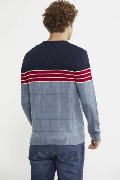 Blok Desen Sıfır Yaka Triko Kazak - Mavi - Resim 5