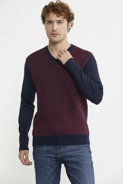 Regular Fit Jakarlı Yünlü Triko Kazak - Lacivert - Resim 3