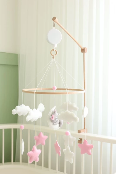 (MÜZİKSİZ) Askı Aparatı + Ayıcı Fil Temalı Bebek Beşik Dönencesi, El Yapımı - 4