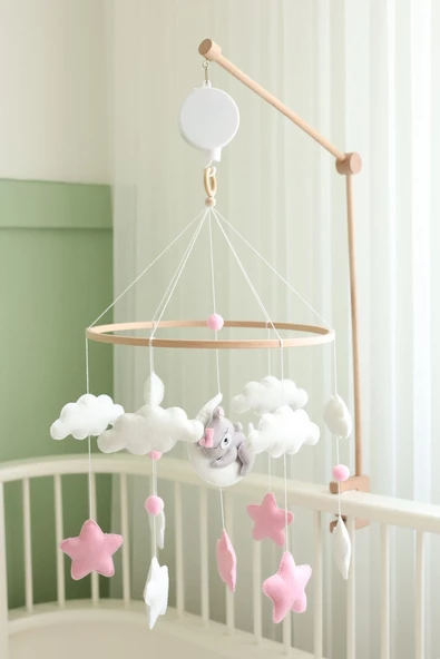 (MÜZİKSİZ) Askı Aparatı + Ayıcı Fil Temalı Bebek Beşik Dönencesi, El Yapımı - 3
