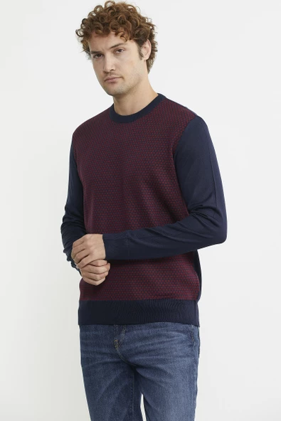 Sıfır Yaka Jakarlı Regular Fit Triko Kazak - Lacivert - 4