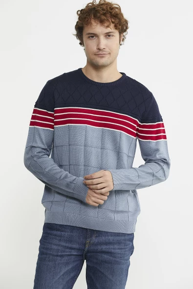 Blok Desen Sıfır Yaka Triko Kazak - Mavi - Resim 2