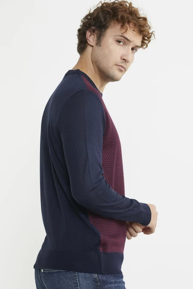 Sıfır Yaka Jakarlı Regular Fit Triko Kazak - Lacivert - 5