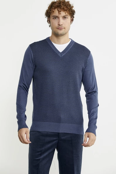Regular Fit Jakarlı Yünlü Triko Kazak - Indigo - 2