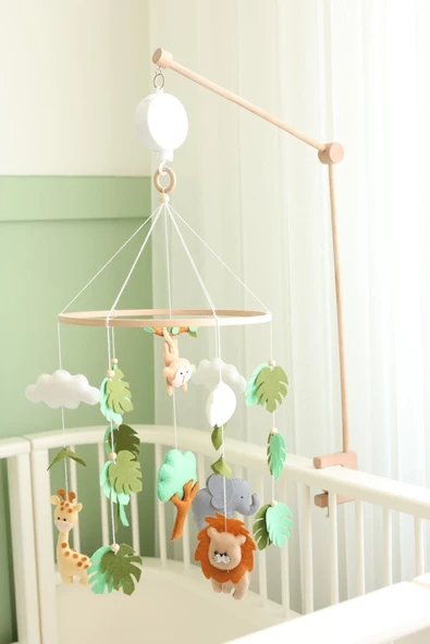 (MÜZİKSİZ) El Yapımı Doğal Beşik Dönencesi, Keçe Malzemeden Safari Temalı Bebek Odası Aksesuarı - 6