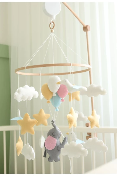 (MÜZİKSİZ) Askı Aparatı + Fil Temalı Bebek Beşik Dönencesi, El Yapımı - 3