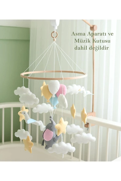 (MÜZİKSİZ) El Yapımı Filli Bebek Dönence, Keçe Kumaştan Filli Beşik Dönence, Bebek Odası Aksesuar - 2