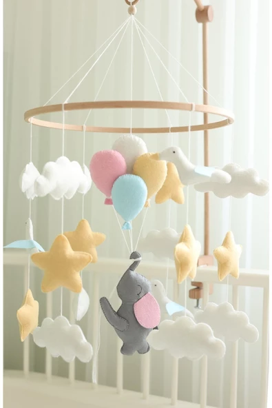 (MÜZİKSİZ) El Yapımı Filli Bebek Dönence, Keçe Kumaştan Filli Beşik Dönence, Bebek Odası Aksesuar - 4