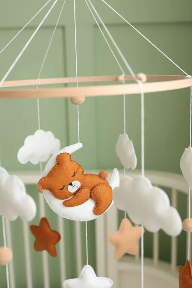 (MÜZİKSİZ) Askı Aparatı Ayıcık Temalı Bebek Beşik Dönencesi, El Yapımı - 2