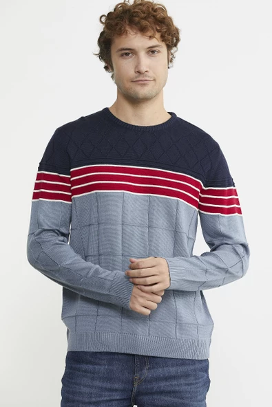 Blok Desen Sıfır Yaka Triko Kazak - Mavi ürün görseli 1