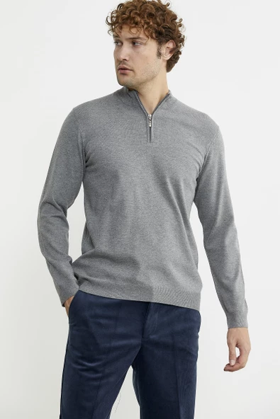 Dik Yaka Fermuarlı Triko Kazak - Gri - 3