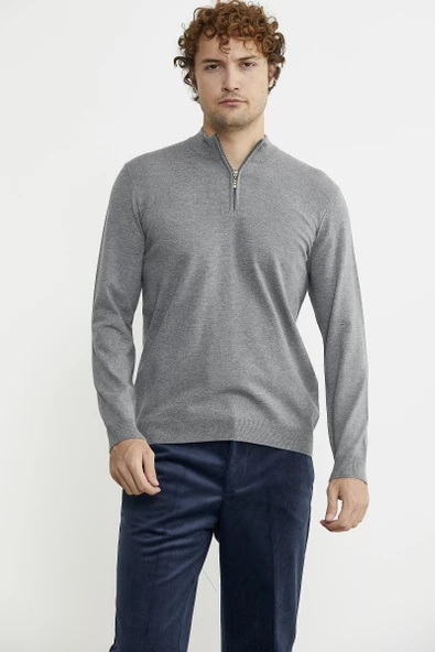 Dik Yaka Fermuarlı Triko Kazak - Gri - 2