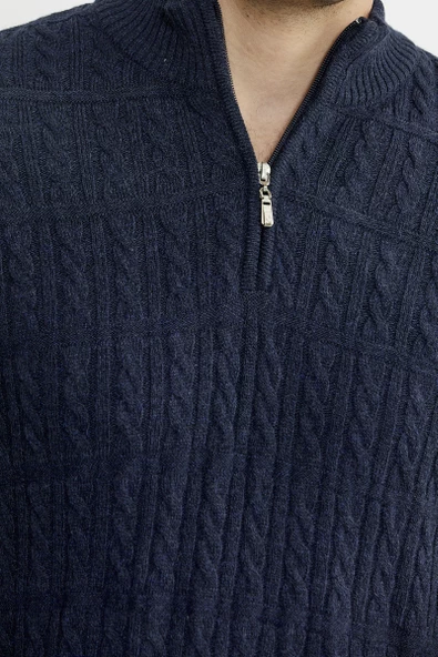 Dik Yaka Fermuarlı Saç Örgü Triko Kazak - Lacivert - Resim 4