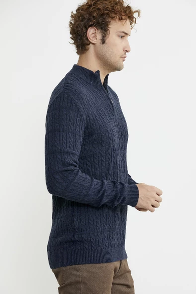 Dik Yaka Fermuarlı Saç Örgü Triko Kazak - Lacivert - Resim 3