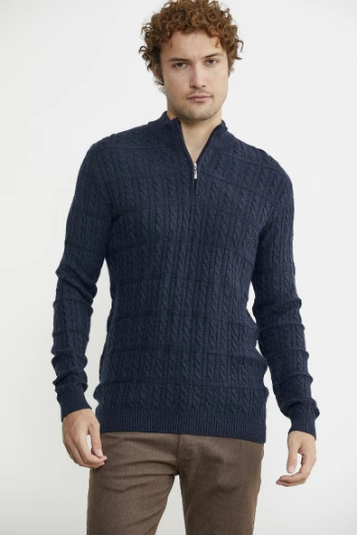 Dik Yaka Fermuarlı Saç Örgü Triko Kazak - Lacivert - Resim 2