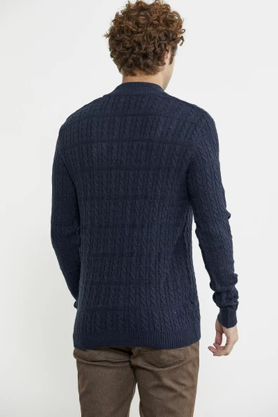 Dik Yaka Fermuarlı Saç Örgü Triko Kazak - Lacivert - Resim 5