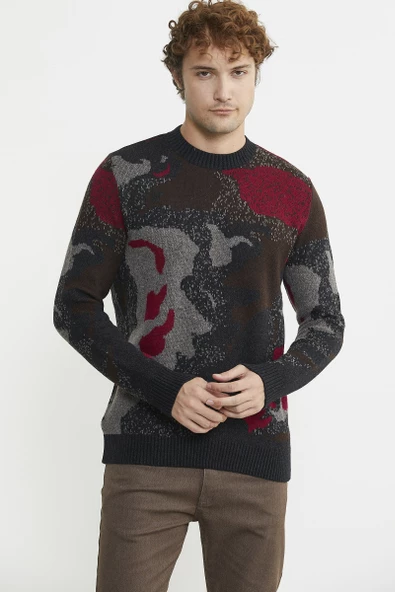 Desenli Kırçıllı Yün Triko Kazak - Siyah ürün görseli 1