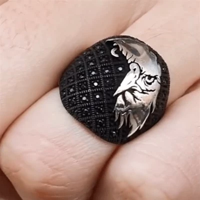 Gümüş Kartal Motif Siyah Mikro Taşlı Erkek Yüzük - 10